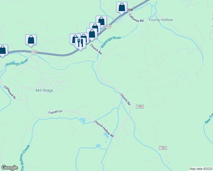 map of restaurants, bars, coffee shops, grocery stores, and more near 958 Church Road in Boone