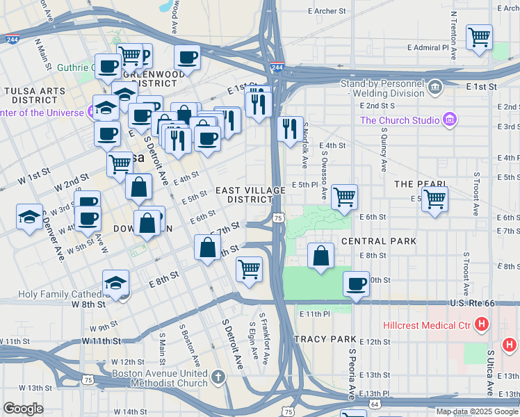 map of restaurants, bars, coffee shops, grocery stores, and more near 537 South Kenosha Avenue in Tulsa