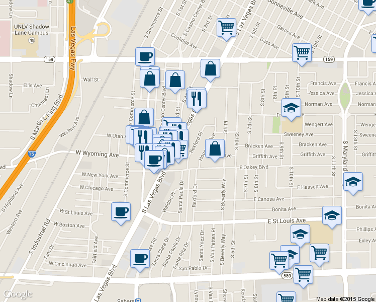 map of restaurants, bars, coffee shops, grocery stores, and more near 1506 Rexford Place in Las Vegas