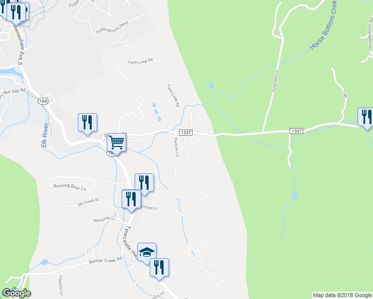 map of restaurants, bars, coffee shops, grocery stores, and more near 94 Hanging Rock Estates Lane in Banner Elk