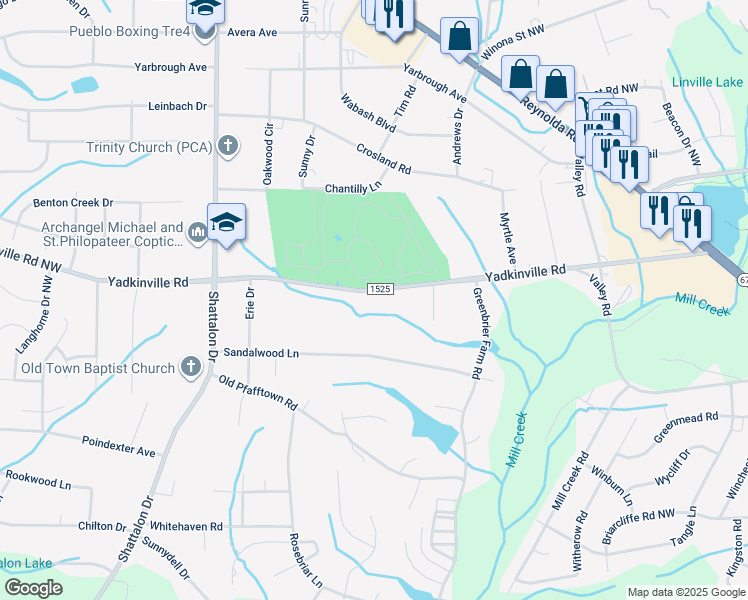 map of restaurants, bars, coffee shops, grocery stores, and more near Yadkinville Road in Winston-Salem