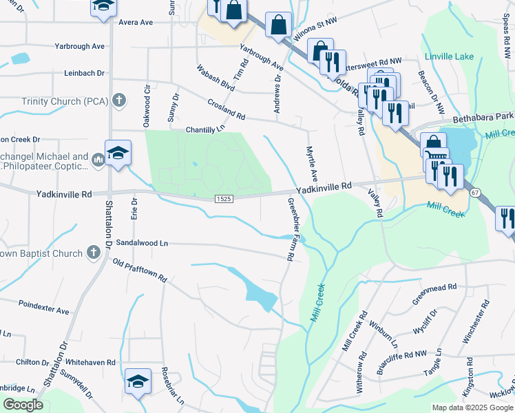 map of restaurants, bars, coffee shops, grocery stores, and more near 3842 Rutherford Court in Winston-Salem