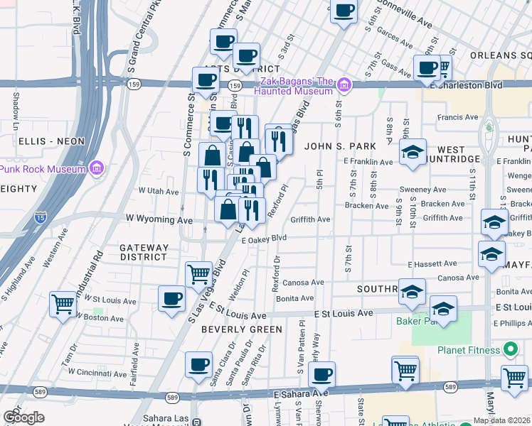 map of restaurants, bars, coffee shops, grocery stores, and more near 1506 Rexford Place in Las Vegas