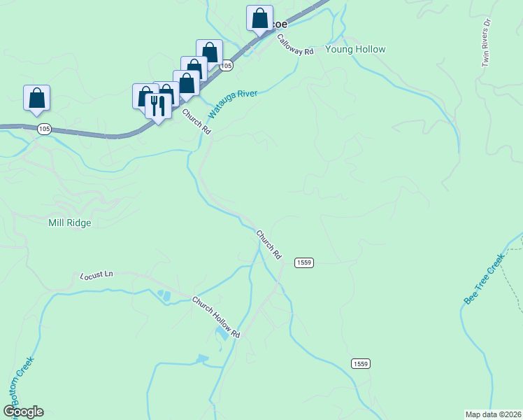 map of restaurants, bars, coffee shops, grocery stores, and more near 1126 Church Road in Boone
