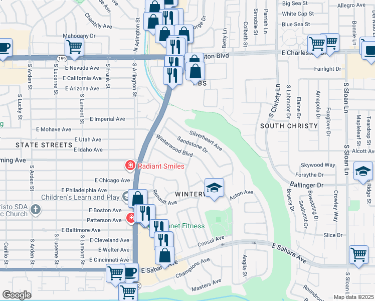map of restaurants, bars, coffee shops, grocery stores, and more near 1836 Winterwood Boulevard in Las Vegas