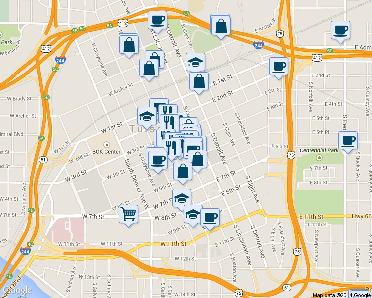 map of restaurants, bars, coffee shops, grocery stores, and more near 321 South Boston Avenue in Tulsa