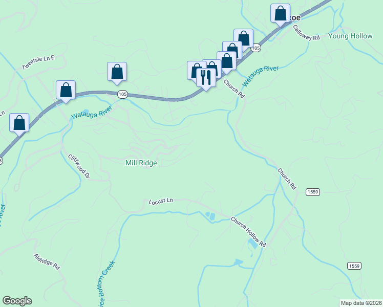 map of restaurants, bars, coffee shops, grocery stores, and more near 250 Old Chestnut Road in Banner Elk