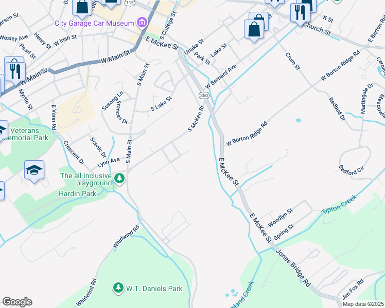 map of restaurants, bars, coffee shops, grocery stores, and more near 324 Paul Street in Greeneville