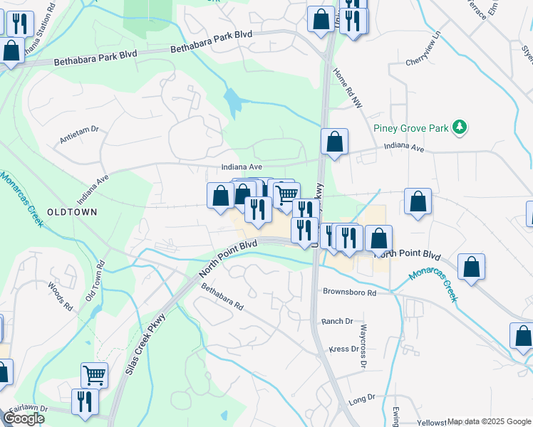 map of restaurants, bars, coffee shops, grocery stores, and more near 7760 North Point Boulevard in Winston-Salem