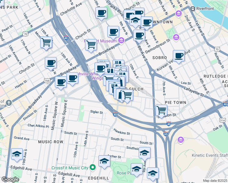 map of restaurants, bars, coffee shops, grocery stores, and more near 1055 Pine Street in Nashville