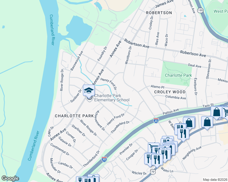 map of restaurants, bars, coffee shops, grocery stores, and more near 6301 American Court in Nashville