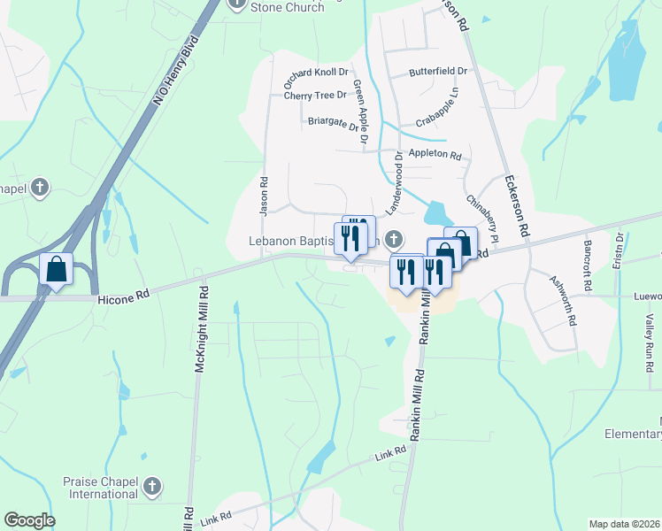map of restaurants, bars, coffee shops, grocery stores, and more near 5501 Pearview Drive in Greensboro