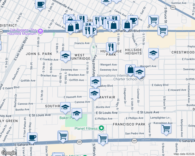 map of restaurants, bars, coffee shops, grocery stores, and more near 1530 South Maryland Parkway in Las Vegas