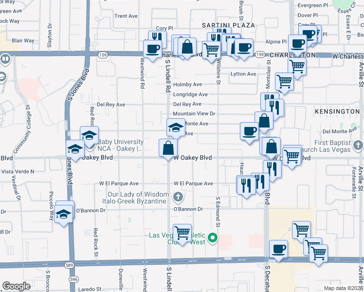 map of restaurants, bars, coffee shops, grocery stores, and more near 1661 South Lindell Road in Las Vegas