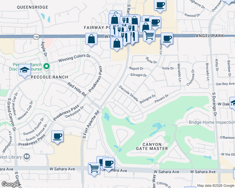 map of restaurants, bars, coffee shops, grocery stores, and more near 1601 Hidden Spring Drive in Las Vegas