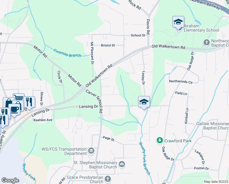 map of restaurants, bars, coffee shops, grocery stores, and more near 4500 Oak Haven Drive in Winston-Salem