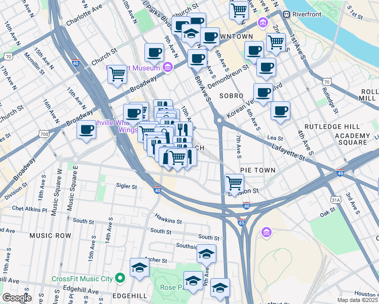 map of restaurants, bars, coffee shops, grocery stores, and more near in Nashville