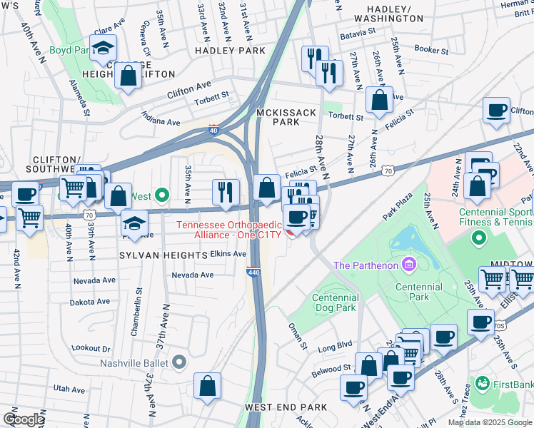 map of restaurants, bars, coffee shops, grocery stores, and more near 3025 Charlotte Avenue in Nashville