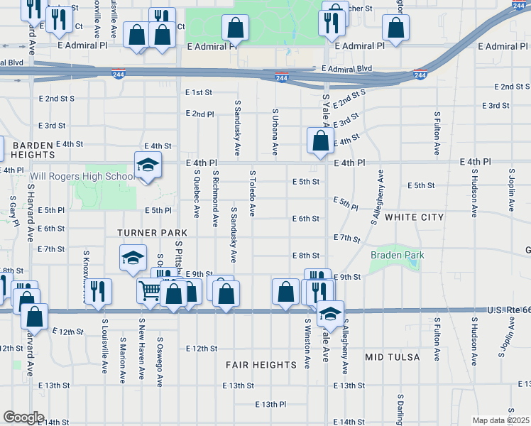 map of restaurants, bars, coffee shops, grocery stores, and more near 4510 East 5th Place in Tulsa