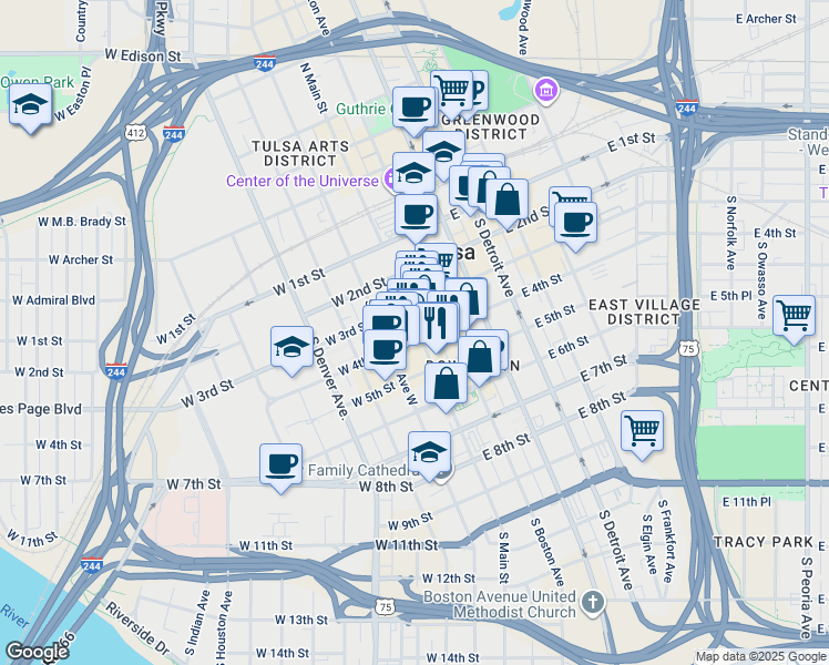 map of restaurants, bars, coffee shops, grocery stores, and more near in Tulsa