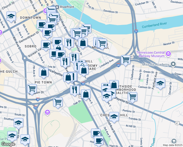 map of restaurants, bars, coffee shops, grocery stores, and more near 11 Lindsley Avenue in Nashville