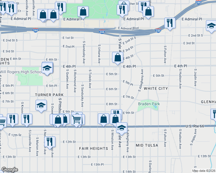 map of restaurants, bars, coffee shops, grocery stores, and more near 4544 East 5th Place in Tulsa
