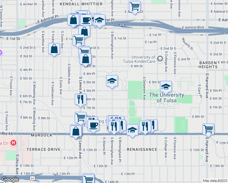 map of restaurants, bars, coffee shops, grocery stores, and more near 2604 South Columbia Avenue in Tulsa