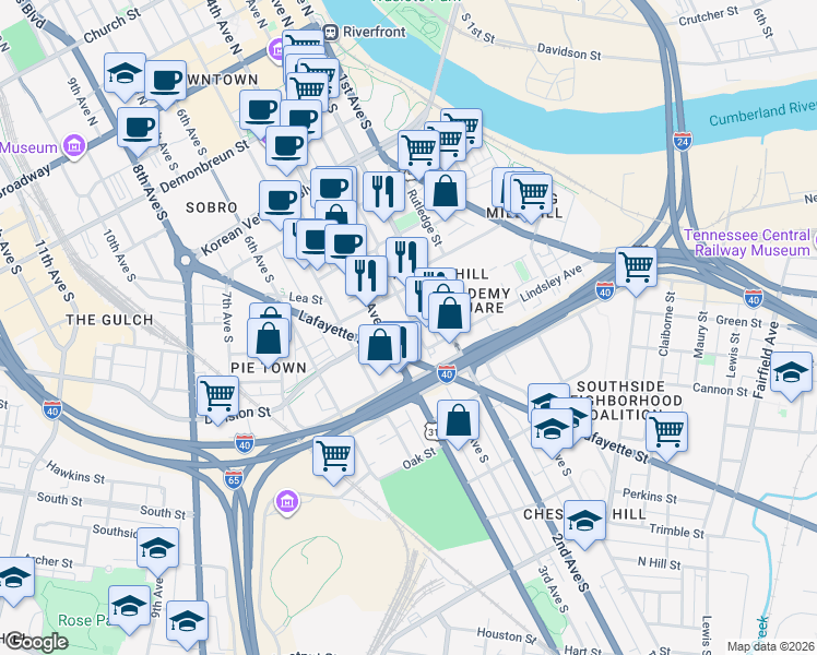 map of restaurants, bars, coffee shops, grocery stores, and more near 718 3rd Avenue South in Nashville