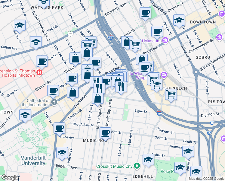 map of restaurants, bars, coffee shops, grocery stores, and more near 112 16th Avenue South in Nashville