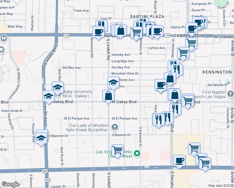 map of restaurants, bars, coffee shops, grocery stores, and more near 1661 South Lindell Road in Las Vegas