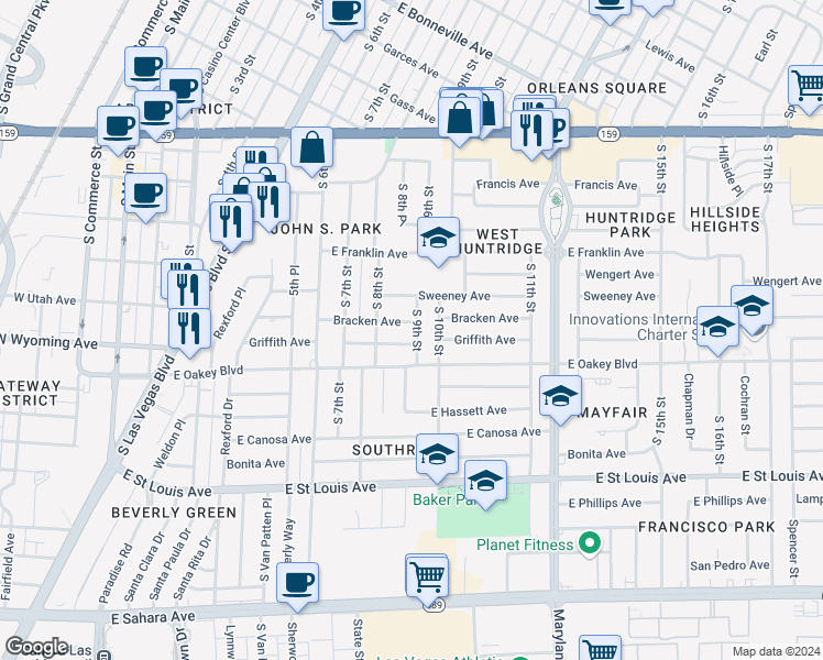 map of restaurants, bars, coffee shops, grocery stores, and more near 1500 South 9th Street in Las Vegas