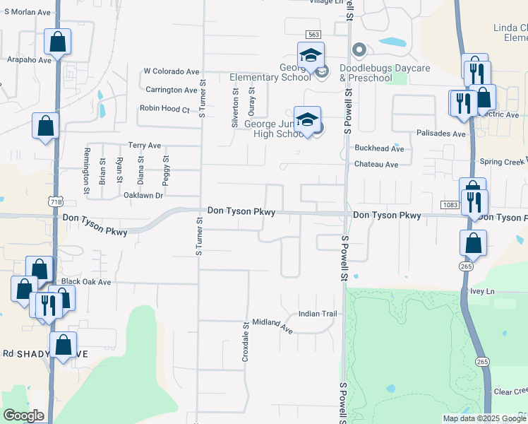 map of restaurants, bars, coffee shops, grocery stores, and more near 3613 Normandy Street in Springdale