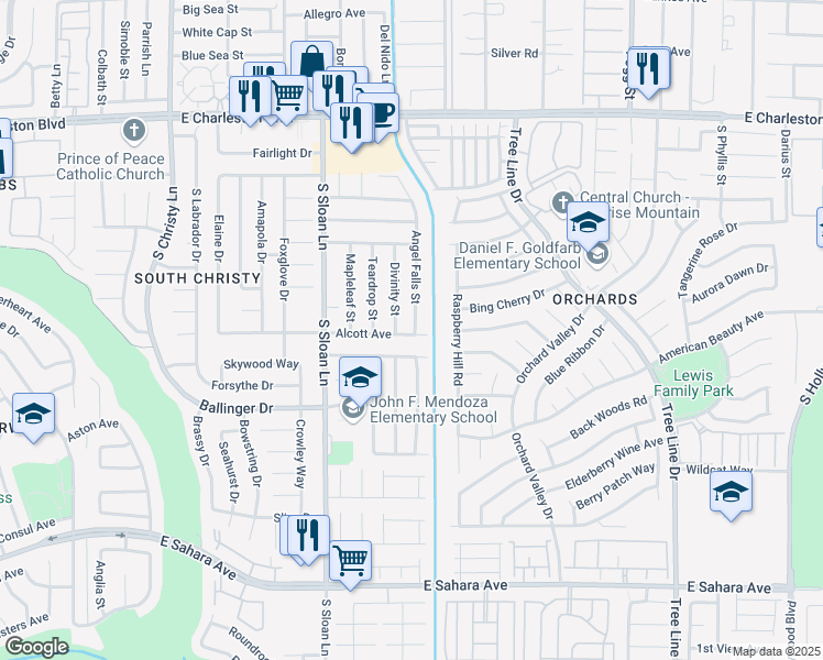 map of restaurants, bars, coffee shops, grocery stores, and more near 1747 Angel Falls Street in Las Vegas