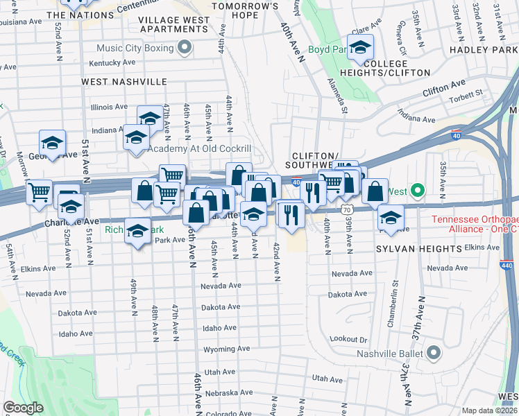 map of restaurants, bars, coffee shops, grocery stores, and more near 408 43rd Avenue North in Nashville