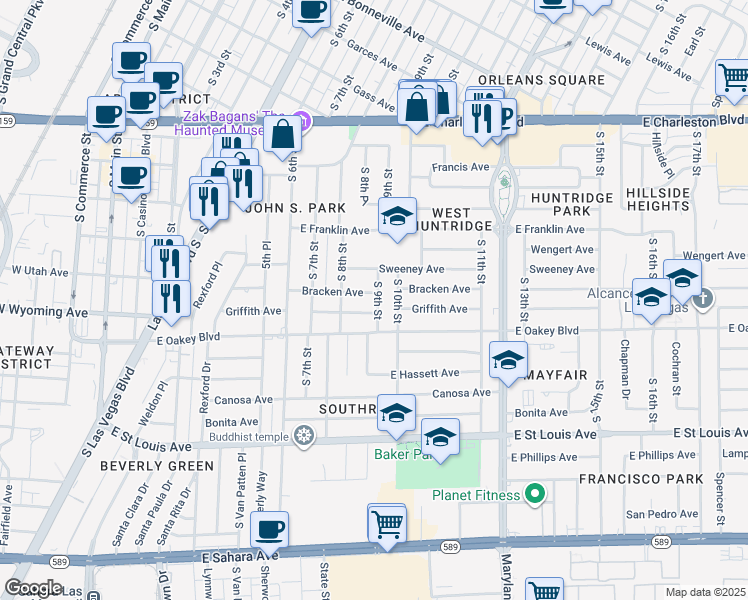 map of restaurants, bars, coffee shops, grocery stores, and more near 1500 South 9th Street in Las Vegas