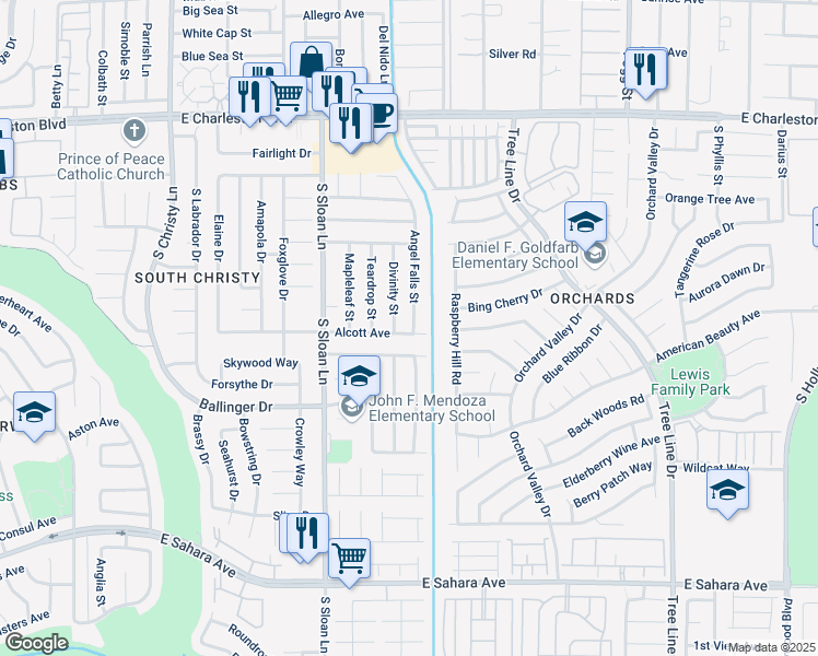 map of restaurants, bars, coffee shops, grocery stores, and more near 1747 Angel Falls Street in Las Vegas