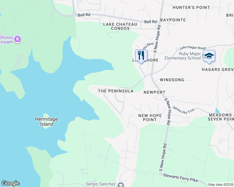 map of restaurants, bars, coffee shops, grocery stores, and more near 4809 Peninsula Pointe Drive in Nashville