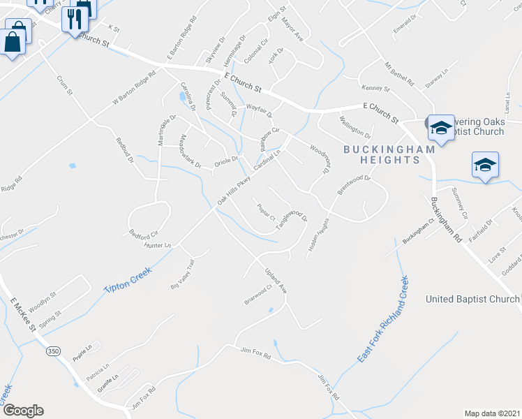 map of restaurants, bars, coffee shops, grocery stores, and more near 1206 Poplar Court in Greeneville