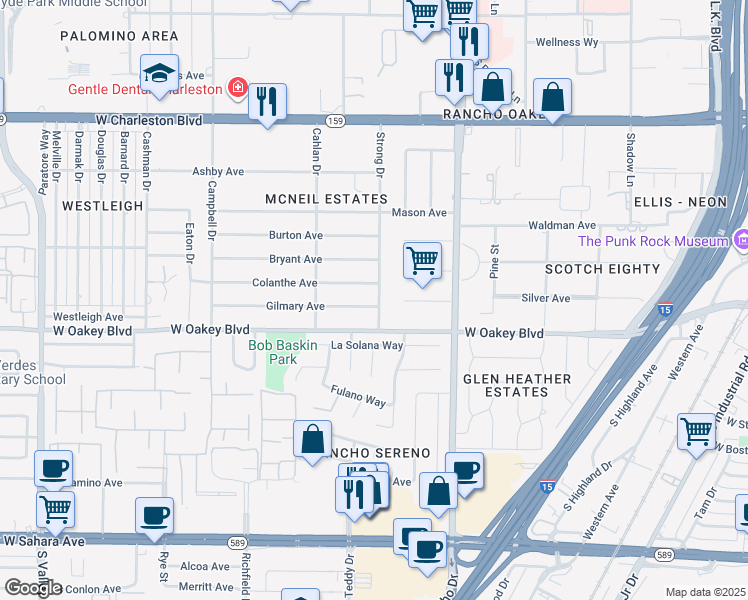 map of restaurants, bars, coffee shops, grocery stores, and more near 1503 Strong Drive in Las Vegas