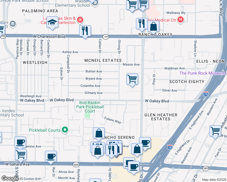 map of restaurants, bars, coffee shops, grocery stores, and more near 2701 Colanthe Avenue in Las Vegas