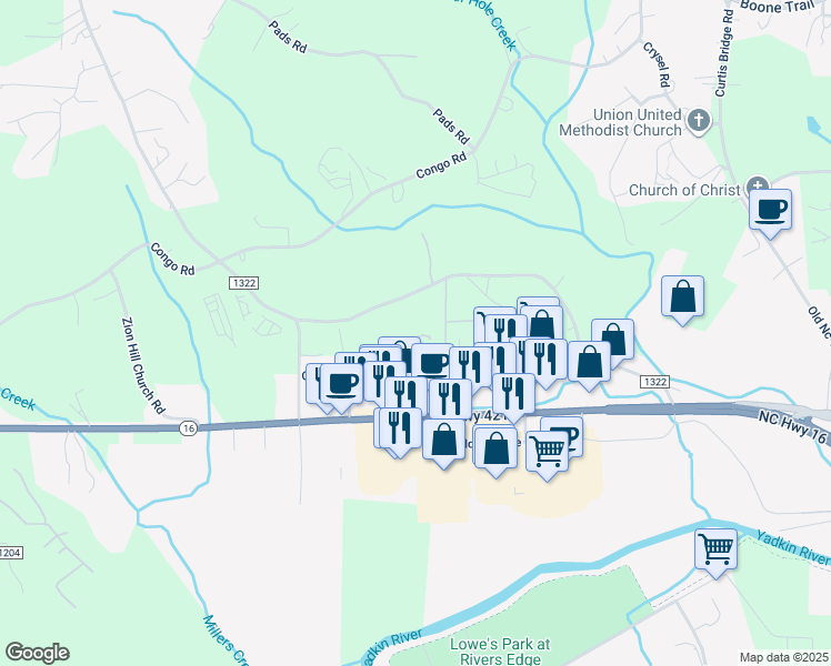 map of restaurants, bars, coffee shops, grocery stores, and more near 1001 Gateway Avenue in Wilkesboro