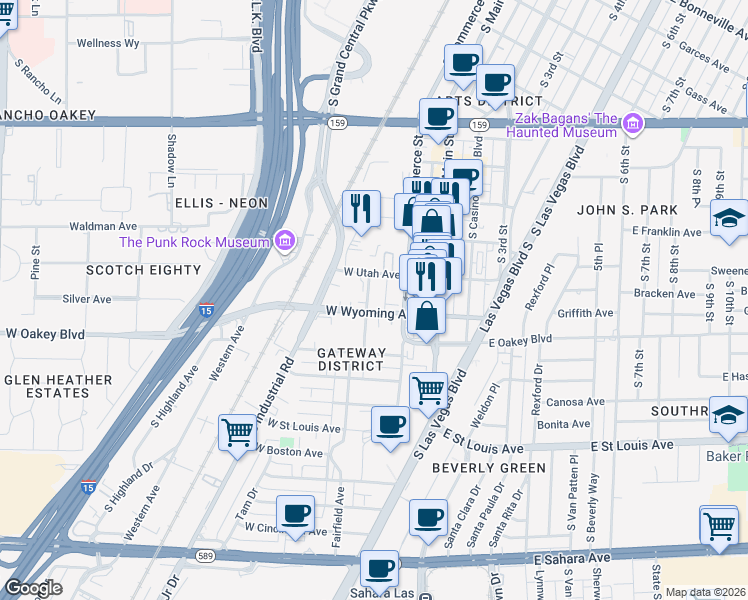 map of restaurants, bars, coffee shops, grocery stores, and more near 112 West Wyoming Avenue in Las Vegas