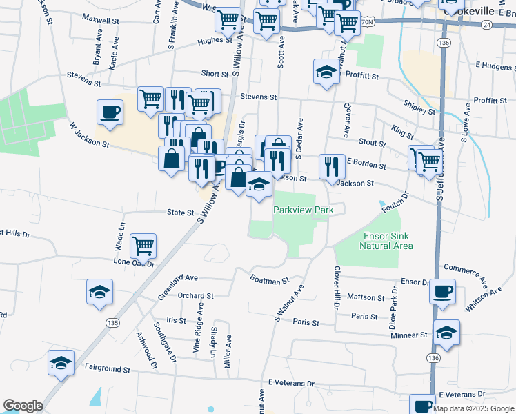 map of restaurants, bars, coffee shops, grocery stores, and more near 545 Scott Avenue in Cookeville