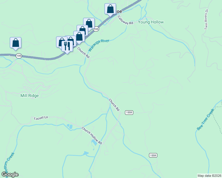 map of restaurants, bars, coffee shops, grocery stores, and more near 1126 Church Road in Boone