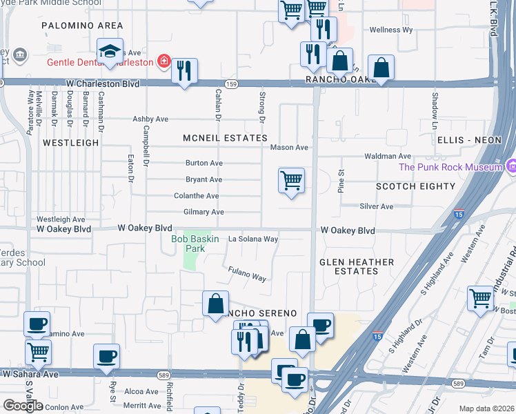 map of restaurants, bars, coffee shops, grocery stores, and more near 1503 Strong Drive in Las Vegas