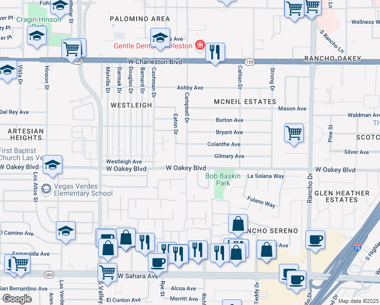 map of restaurants, bars, coffee shops, grocery stores, and more near 3101 Colanthe Avenue in Las Vegas