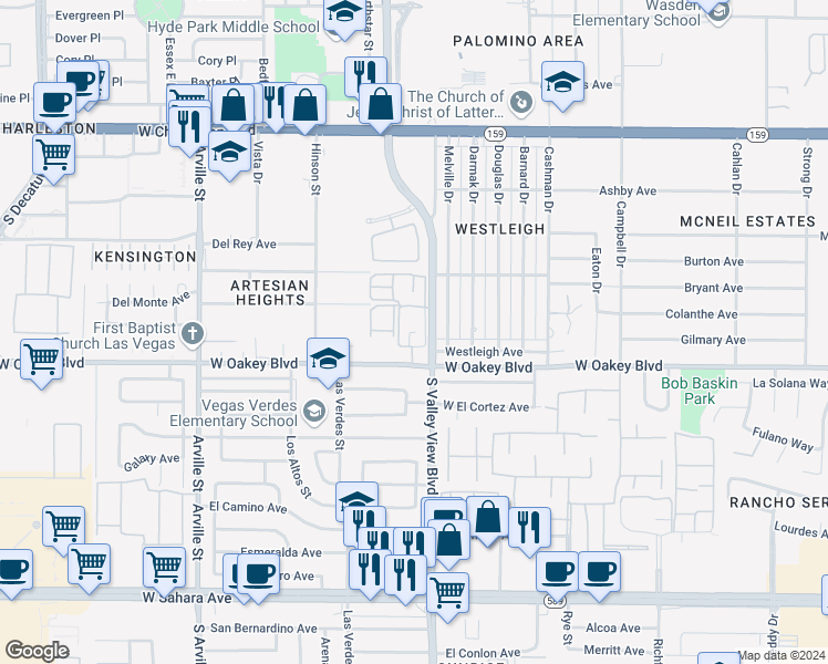 map of restaurants, bars, coffee shops, grocery stores, and more near 1600 South Valley View Boulevard in Las Vegas