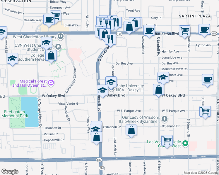 map of restaurants, bars, coffee shops, grocery stores, and more near 6000 West Oakey Boulevard in Las Vegas