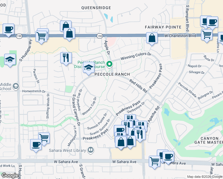 map of restaurants, bars, coffee shops, grocery stores, and more near 1520 Breeze Canyon Drive in Las Vegas
