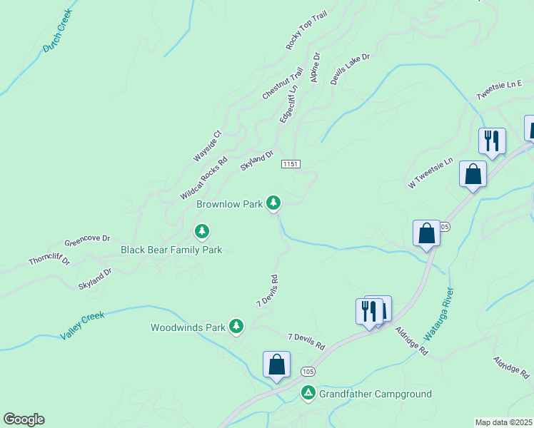 map of restaurants, bars, coffee shops, grocery stores, and more near 1029 7 Devils Road in Banner Elk